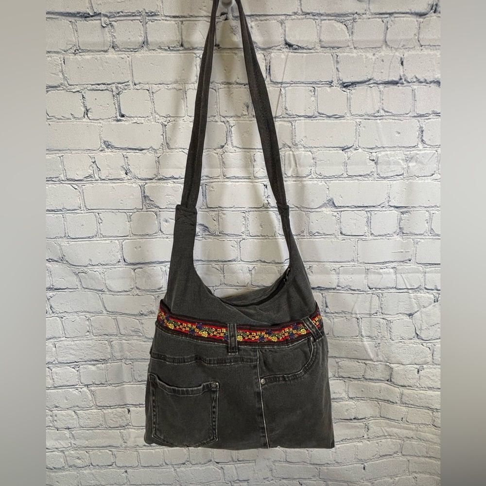 Handcrafted Black Denim Slouchy Hobo Embroidery Trim Upcycled Jean Bag Purse